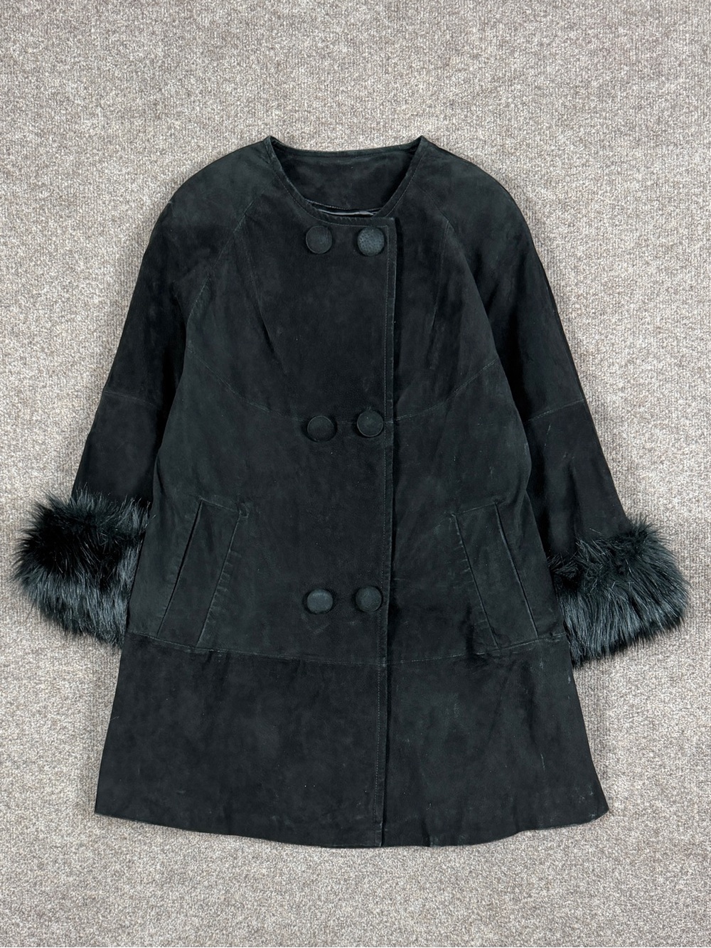 Black Suede Leather Mid Length Double Breasted Swing Coat Womens Medium Fur Trim